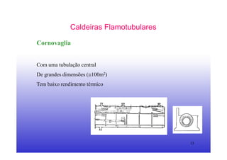 13
Caldeiras Flamotubulares
Cornovaglia
Com uma tubulação central
De grandes dimensões (≅100m2)
Tem baixo rendimento térmico
 