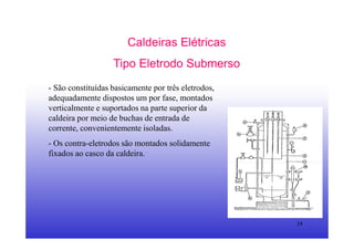 34
Caldeiras Elétricas
Tipo Eletrodo Submerso
- São constituídas basicamente por três eletrodos,
adequadamente dispostos um por fase, montados
verticalmente e suportados na parte superior da
caldeira por meio de buchas de entrada de
corrente, convenientemente isoladas.
- Os contra-eletrodos são montados solidamente
fixados ao casco da caldeira.
 