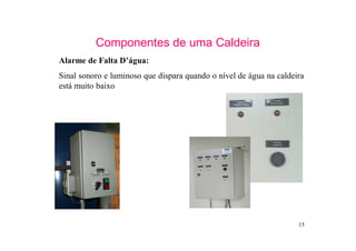 15
Componentes de uma Caldeira
Alarme de Falta D’água:
Sinal sonoro e luminoso que dispara quando o nível de água na caldeira
está muito baixo
 