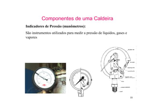 18
Componentes de uma Caldeira
Indicadores de Pressão (manômetros):
São instrumentos utilizados para medir a pressão de líquidos, gases e
vapores
 