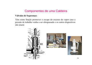 26
Componentes de uma Caldeira
Válvulas de Segurança:
Têm como função promover o escape do excesso do vapor caso a
pressão de trabalho venha a ser ultrapassada e os outros dispositivos
não atuem
 