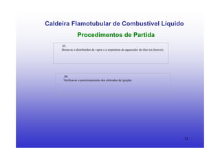 13
Caldeira Flamotubular de Combustível Líquido
Procedimentos de Partida
.05.
Drena-se o distribuidor de vapor e a serpentina do aquecedor de óleo (se houver).
.06.
Verifica-se o posicionamento dos eletrodos de ignição.
 