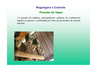 6
Regulagem e Controle
Pressão do Vapor
• A pressão da caldeira, principalmente caldeiras de combustível
líquido ou gasoso, é controlada por meio de pressostato de pressão
máxima.
 