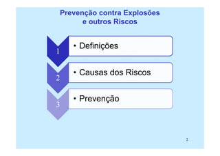 2
1
• Definições
2
• Causas dos Riscos
3
• Prevenção
Prevenção contra Explosões
e outros Riscos
 