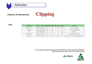 18° Congresso Latino Americano de Caldeiras de Recuperação (08/2011)
Instituto Brasileiro de Análises Sociais e Econômicas (IBASE)
Caldeiras de Recuperação
1 • Definições
2011
 