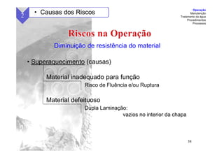 38
• Superaquecimento (causas)
Material inadequado para função
Risco de Fluência e/ou Ruptura
Material defeituoso
Dupla Laminação:
vazios no interior da chapa
Diminuição de resistência do material
2 • Causas dos Riscos
Operação
Manutenção
Tratamento da água
Procedimentos
Processos
 