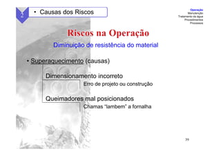 39
• Superaquecimento (causas)
Dimensionamento incorreto
Erro de projeto ou construção
Queimadores mal posicionados
Chamas “lambem” a fornalha
Diminuição de resistência do material
2 • Causas dos Riscos
Operação
Manutenção
Tratamento da água
Procedimentos
Processos
 