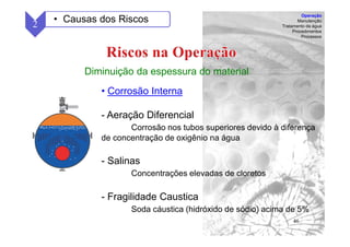 46
Diminuição da espessura do material
• Corrosão Interna
- Aeração Diferencial
Corrosão nos tubos superiores devido à diferença
de concentração de oxigênio na água
- Salinas
Concentrações elevadas de cloretos
- Fragilidade Caustica
Soda cáustica (hidróxido de sódio) acima de 5%
2 • Causas dos Riscos
Operação
Manutenção
Tratamento da água
Procedimentos
Processos
 