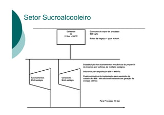 Setor Sucroalcooleiro
Caldeiras
de
21 bar – 300ºC
Para Processo 1,5 bar
Acionamentos
Multi-estágio
Geradores
Multi-estágio
Substituição dos acionamentos mecânicos do preparo e
da moenda por turbinas de múltiplo estágios.
Adicional para exportação até 10 kWh/tc
Custo estimativo da implantação sem aquisição de
caldeira R$ 650 / kW adicional instalado em geração de
energia elétrica
Consumo de vapor de processo
500 kg/tc
Sobra de bagaço ~ igual a atual.
 