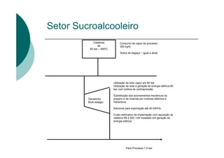 Caldeiras
de
60 bar – 450ºC
Para Processo 1,5 bar
Geradores
Multi-estágio
Consumo de vapor de processo
500 kg/tc
Sobra de bagaço ~ igual a atual.
Utilização de todo vapor em 60 bar
Utilização de toda a geração de energia elétrica 60
bar com turbina de contrapressão
Substituição dos acionamentos mecânicos do
preparo e da moenda por motores elétricos e
hidráulicos.
Adicional para exportação até 40 kWh/tc
Custo estimativo da implantação com aquisição de
caldeira R$ 2 000 / kW instalado em geração de
energia elétrica
Setor Sucroalcooleiro
 