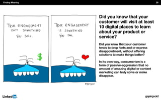 Did you know that your
customer will visit at least
10 digital places to learn
about your product or
service?
Did you know that your customer
tends to drop hints and or express
solutions to make things better?
In its own way, consumerism is a
form of passive-aggression that no
marketing can truly solve or make
disappear.
Finding Meaning 20
 