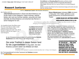 2011Ressort JuniorenJunioren Anfang 2011Winterzeit Trainingsangebot der 				    - JuniorenSommerzeitAufbau des Trainings nach Wochenzyklus (INTENSITÄT)Woche 	LEICHTWoche	MITTELWoche	HARDWoche	LEICHT…Mittwoch	       RadfahrenSamstag            Lauf + Schwimmen 	        oder Radfahren