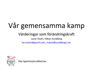 Vår gemensamma kamp
  Värderingar som förändringskraft
              Lasse Taxén, Håkan Sundberg
     lars.taxen@gmail.com ; hakan@sundbergs.net




  http://gemensamvalfard.se/
 
