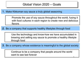 Global Vision 2020 – Goals
                  Global Vision 2020 – Goals
１．Make Kikkoman soy sauce a truly global seasoning

        Promote the use of soy sauce throughout the world, fusing it
        with food cultures in each region to create new and delicious
        flavors
２．Be a company that supports healthy lifestyles through food

       Use the technology and know-how we have accumulated in
       brewing and selling soy sauce to promote a healthy lifestyle
       through food

３．Be a company whose existence is meaningful to the global society

       Continue to be a company that people around the world
       want to see last forever
                                                                3
 