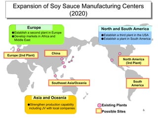 Expansion of Soy Sauce Manufacturing Centers
   Expansion of Soy Sauce Manufacturing Centers
                      (2020)
                       (2020)
             Europe
              欧州                                       North and South America
  ●Establish a second plant in Europe
  ●Develop markets in Africa and                       ●Establish a third plant in the USA
    Middle East                                        ●Establish a plant in South America




                              China
Europe (2nd Plant)
                                                                      North America
                                                                       (3rd Plant)




                              Southeast Asia/Oceania                         South
                                                                            America



                  Asia and Oceania
             ●Strengthen production capability         Existing Plants
              including JV with local companies
                                                                                    6
                                                       Possible Sites
 