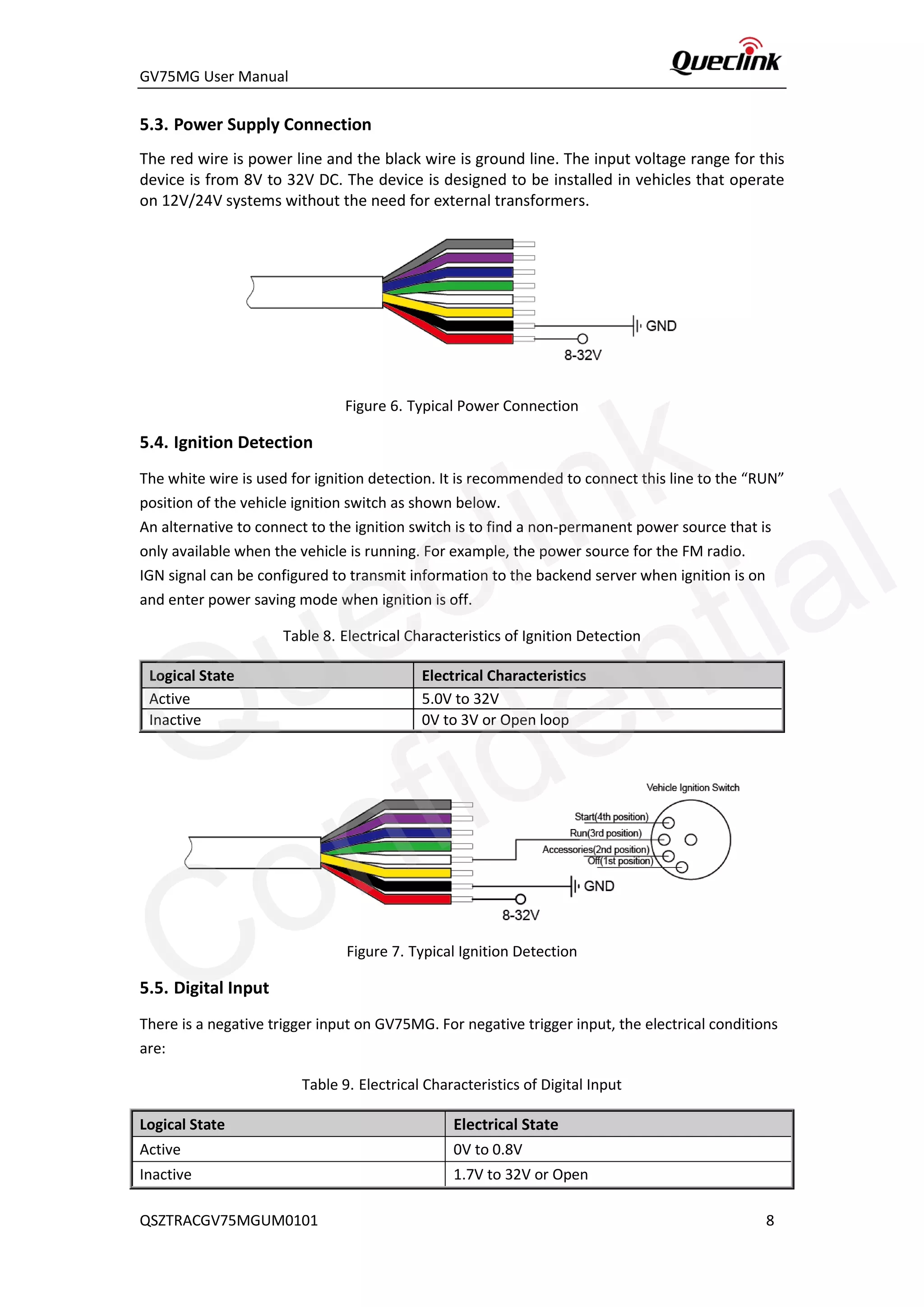 GV75MG User Manual
5.3. Power Supply Connection
The red wire is power line and the black wire is ground line. The input voltage range for this
device is from 8V to 32V DC. The device is designed to be installed in vehicles that operate
on 12V/24V systems without the need for external transformers.
Figure 6. Typical Power Connection
5.4. Ignition Detection
The white wire is used for ignition detection. It is recommended to connect this line to the “RUN”
position of the vehicle ignition switch as shown below.
An alternative to connect to the ignition switch is to find a non-permanent power source that is
only available when the vehicle is running. For example, the power source for the FM radio.
IGN signal can be configured to transmit information to the backend server when ignition is on
and enter power saving mode when ignition is off.
Table 8. Electrical Characteristics of Ignition Detection
Logical State Electrical Characteristics
Active 5.0V to 32V
Inactive 0V to 3V or Open loop
Figure 7. Typical Ignition Detection
5.5. Digital Input
There is a negative trigger input on GV75MG. For negative trigger input, the electrical conditions
are:
Table 9. Electrical Characteristics of Digital Input
Logical State Electrical State
Active 0V to 0.8V
Inactive 1.7V to 32V or Open
QSZTRACGV75MGUM0101 8
Queclink
Confidential
 