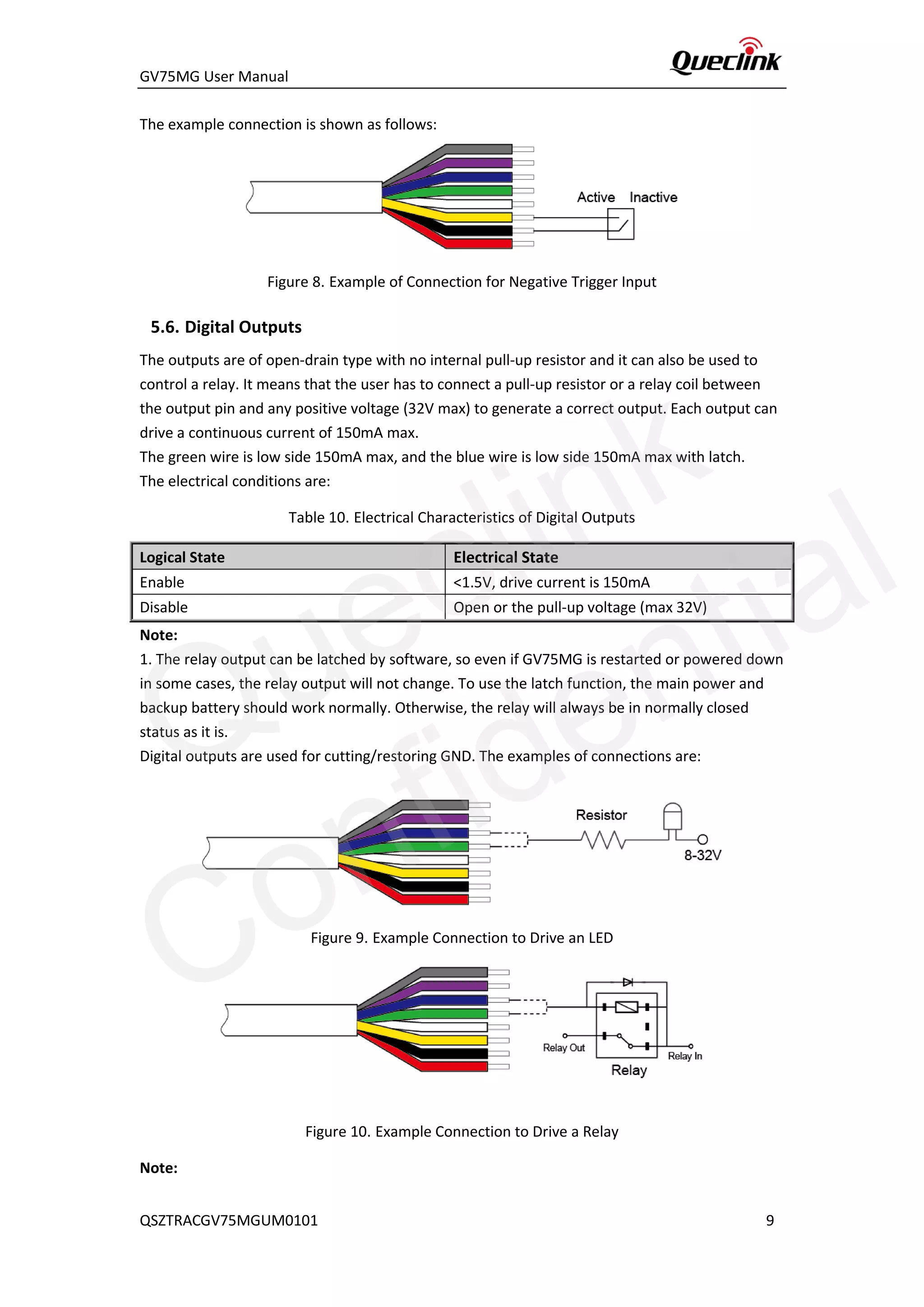 GV75MG User Manual
The example connection is shown as follows:
Figure 8. Example of Connection for Negative Trigger Input
5.6. Digital Outputs
The outputs are of open-drain type with no internal pull-up resistor and it can also be used to
control a relay. It means that the user has to connect a pull-up resistor or a relay coil between
the output pin and any positive voltage (32V max) to generate a correct output. Each output can
drive a continuous current of 150mA max.
The green wire is low side 150mA max, and the blue wire is low side 150mA max with latch.
The electrical conditions are:
Table 10. Electrical Characteristics of Digital Outputs
Logical State Electrical State
Enable <1.5V, drive current is 150mA
Disable Open or the pull-up voltage (max 32V)
Note:
1. The relay output can be latched by software, so even if GV75MG is restarted or powered down
in some cases, the relay output will not change. To use the latch function, the main power and
backup battery should work normally. Otherwise, the relay will always be in normally closed
status as it is.
Digital outputs are used for cutting/restoring GND. The examples of connections are:
Figure 9. Example Connection to Drive an LED
Figure 10. Example Connection to Drive a Relay
Note:
QSZTRACGV75MGUM0101 9
Queclink
Confidential
 