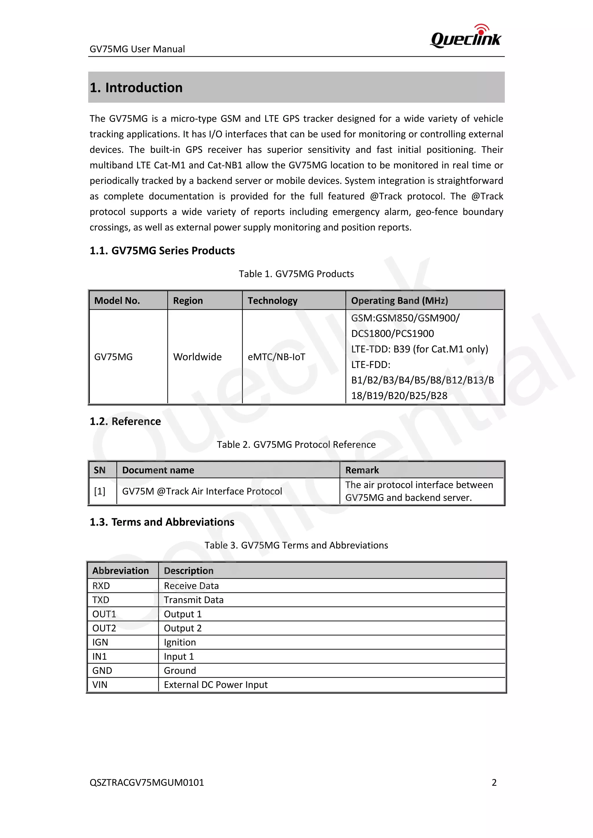 GV75MG User Manual
1. Introduction
The GV75MG is a micro-type GSM and LTE GPS tracker designed for a wide variety of vehicle
tracking applications. It has I/O interfaces that can be used for monitoring or controlling external
devices. The built-in GPS receiver has superior sensitivity and fast initial positioning. Their
multiband LTE Cat-M1 and Cat-NB1 allow the GV75MG location to be monitored in real time or
periodically tracked by a backend server or mobile devices. System integration is straightforward
as complete documentation is provided for the full featured @Track protocol. The @Track
protocol supports a wide variety of reports including emergency alarm, geo-fence boundary
crossings, as well as external power supply monitoring and position reports.
1.1. GV75MG Series Products
Table 1. GV75MG Products
Model No. Region Technology Operating Band (MHz)
GV75MG Worldwide eMTC/NB-IoT
GSM:GSM850/GSM900/
DCS1800/PCS1900
LTE-TDD: B39 (for Cat.M1 only)
LTE-FDD:
B1/B2/B3/B4/B5/B8/B12/B13/B
18/B19/B20/B25/B28
1.2. Reference
Table 2. GV75MG Protocol Reference
SN Document name Remark
[1] GV75M @Track Air Interface Protocol
The air protocol interface between
GV75MG and backend server.
1.3. Terms and Abbreviations
Table 3. GV75MG Terms and Abbreviations
Abbreviation Description
RXD Receive Data
TXD Transmit Data
OUT1 Output 1
OUT2 Output 2
IGN Ignition
IN1 Input 1
GND Ground
VIN External DC Power Input
QSZTRACGV75MGUM0101 2
Queclink
Confidential
 