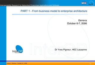 PART 1 - From business model to enterprise architecture Date Title Interop  > Geneva > October 6-7, 2006 Geneva October 6-7, 2006 Dr Yves Pigneur, HEC Lausanne 