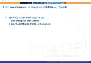 From business model to enterprise architecture > Agenda Business model and strategy map IT and enterprise architecture e-business patterns and IT infrastructure BUSINESS  MODEL | ENTERPRISE ARCHITECTURE | E-BUSINESS PATTERNS  