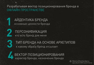 Разрабатывая вектор позиционирования брендав ОФЛАЙНПРОСТРАНСТВЕ 
1 
АЙДЕНТИКА БРЕНДА 
основныеценностибренда 
2 
ПЕРСОНИФИКАЦИЯ 
ктоестьбренддляменя 
3 
ТИПБРЕНДАНА ОСНОВЕ АРХЕТИПОВ 
к какому образу бренд отсылает 
4 
ВЕКТОРПОЗИЦИОНИРОВАНИЯ 
характер бренда, назначение бренда 
MaeuticaBranding Agency 
specially for GVA Launch Gurus  