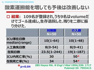 G. VASOACTIVE MEDICATIONS
酸素運搬能を増しても予後は改善しない
 結果: 109名が登録され,うち9名はvolumeだ
けでゴール達成し,生存退院した.残りを二群に振
り分けた.
285 Hayes MA. N Engl J Med 1994;330: 1717
Pubmed ID: 7993413
対照群
N=50
介入群
N=50
ICU滞在日数
median(range)
10(1-64) 10(1-48)
人工換気日数 8(0-54) 8(0-41)
在院日数 23.5(1-244) 19(1-187)
ICU内死亡率(%) 30 50*
在院死亡率(%) 34 54*
*p=0.04
 