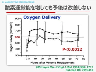 G. VASOACTIVE MEDICATIONS
酸素運搬能を増しても予後は改善しない
285 Hayes MA. N Engl J Med 1994;330: 1717
Pubmed ID: 7993413
600
P<0.0012
Oxygen Delivery
 