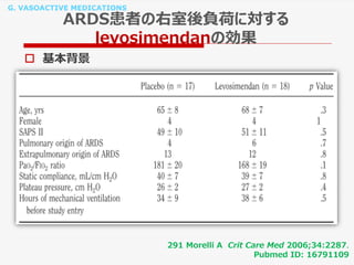 G. VASOACTIVE MEDICATIONS
ARDS患者の右室後負荷に対する
levosimendanの効果
 基本背景
291 Morelli A Crit Care Med 2006;34:2287.
Pubmed ID: 16791109
 