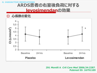 G. VASOACTIVE MEDICATIONS
ARDS患者の右室後負荷に対する
levosimendanの効果
 心係数の変化
291 Morelli A Crit Care Med 2006;34:2287.
Pubmed ID: 16791109
 