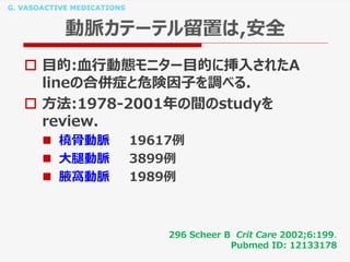 G. VASOACTIVE MEDICATIONS
動脈カテーテル留置は,安全
 目的:血行動態モニター目的に挿入されたA
lineの合併症と危険因子を調べる.
 方法:1978-2001年の間のstudyを
review.
 橈骨動脈 19617例
 大腿動脈 3899例
 腋窩動脈 1989例
296 Scheer B Crit Care 2002;6:199.
Pubmed ID: 12133178
 