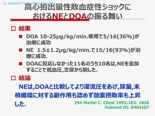 G. VASOACTIVE MEDICATIONS
高心拍出量性敗血症性ショックに
おけるNEとDOAの振る舞い
 結果
 DOA 10-25μg/kg/min.使用で5/16(36%)が
治療に成功
 NE 1.5±1.2μg/kg/min.で15/16(93%)が治
療に成功.
 DOAに反応しなかった11名のうち10名は,NEを追加
することで低血圧,乏尿から脱した.
 結論
NEは,DOAと比較してより灌流圧をあげ,尿量,末
梢循環に対する副作用も認めず酸素摂取率も上昇
した. 254 Martin C. Chest 1993;103: 1826
Pubmed ID: 8404107
 