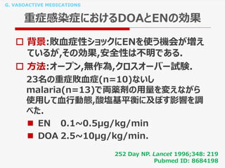 G. VASOACTIVE MEDICATIONS
重症感染症におけるDOAとENの効果
 背景:敗血症性ショックにENを使う機会が増え
ているが,その効果,安全性は不明である.
 方法:オープン,無作為,クロスオーバー試験.
23名の重症敗血症(n=10)ないし
malaria(n=13)で両薬剤の用量を変えながら
使用して血行動態,酸塩基平衡に及ぼす影響を調
べた.
 EN 0.1~0.5μg/kg/min
 DOA 2.5~10μg/kg/min.
252 Day NP. Lancet 1996;348: 219
Pubmed ID: 8684198
 