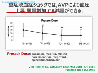 G. VASOACTIVE MEDICATIONS
重症敗血症ショックでは,AVPにより血圧
上昇,尿量増加,CA減量ができる.
270 Holmes CL. Intensive Care Med 2001;27: 1416
Pubmed ID: 11511958
Pressor Dose: dopamine(mcg/kg/min)/3+
norepinephrine(mcg/min)+
epinephrine(mcg/min)
 