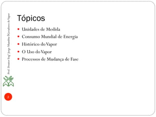 Tópicos
—  Unidades de Medida
—  Consumo Mundial de Energia
—  Histórico doVapor
—  O Uso doVapor
—  Processos de Mudança de Fase
2
Prof.DoutorEngºJorgeNhambiu◊GeradoresdeVapor
 