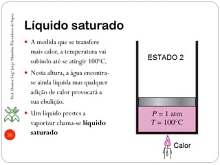 Líquido saturado
Prof.DoutorEngºJorgeNhambiu◊GeradoresdeVapor
26
—  A medida que se transfere
mais calor, a temperatura vai
subindo até se atingir 100ºC.
—  Nesta altura, a água encontra-
se ainda líquida mas qualquer
adição de calor provocará a
sua ebulição.
—  Um líquido prestes a
vaporizar chama-se líquido
saturado
 