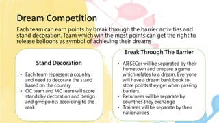 Dream Competition
Each team can earn points by break through the barrier activities and
stand decoration. Team which win the most points can get the right to
release balloons as symbol of achieving their dreams
Stand Decoration
• Each team represent a country
and need to decorate the stand
based on the country
• OC team and MC team will score
stands by decoration and design
and give points according to the
rank
Break Through The Barrier
• AIESECer will be separated by their
hometown and prepare a game
which relates to a dream. Everyone
will have a dream bank book to
store points they get when passing
barriers.
• Returnees will be separate by
countries they exchange
• Trainees will be separate by their
nationalities
 