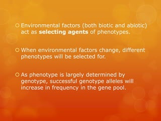  Environmental factors (both biotic and abiotic)
  act as selecting agents of phenotypes.


 When environmental factors change, different
  phenotypes will be selected for.


 As phenotype is largely determined by
  genotype, successful genotype alleles will
  increase in frequency in the gene pool.
 
