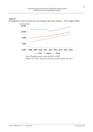 13
A INTERNACIONALIZAÇÃO DA MANIFESTO GAME STUDIO
Gil Barreto de Goes, Jorge Brantes Ferreira
________________________________________________________________________________________________
GVcasos | São Paulo | V. 6 | n. 1 | jan-jun 2016 www.fgv.br/gvcasos
Anexo 2
Evolução das receitas de games nos três principais mercados mundiais – EUA, Japão e China
Nota: Projeção para os anos de 2012 a 2016.
Fonte: PwC (2013). Global entertainment and media outlook: 2013-2017
 
