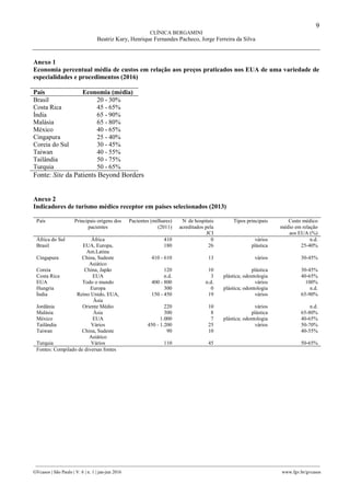 9
CLÍNICA BERGAMINI
Beatriz Kury, Henrique Fernandes Pacheco, Jorge Ferreira da Silva
________________________________________________________________________________________________
GVcasos | São Paulo | V. 6 | n. 1 | jan-jun 2016 www.fgv.br/gvcasos
Anexo 1
Economia percentual média de custos em relação aos preços praticados nos EUA de uma variedade de
especialidades e procedimentos (2016)
País Economia (média)
Brasil 20 - 30%
Costa Rica 45 - 65%
Índia 65 - 90%
Malásia 65 - 80%
México 40 - 65%
Cingapura 25 - 40%
Coreia do Sul 30 - 45%
Taiwan 40 - 55%
Tailândia 50 - 75%
Turquia 50 - 65%
Fonte: Site da Patients Beyond Borders
Anexo 2
Indicadores de turismo médico receptor em países selecionados (2013)
País Principais origens dos
pacientes
Pacientes (milhares)
(2011)
N.
de hospitais
acreditados pela
JCI
Tipos principais Custo médico
médio em relação
aos EUA (%)
África do Sul África 410 0 vários n.d.
Brasil EUA, Europa,
Am.Latina
180 26 plástica 25-40%
Cingapura China, Sudeste
Asiático
410 - 610 13 vários 30-45%
Coreia China, Japão 120 10 plástica 30-45%
Costa Rica EUA n.d. 3 plástica; odontologia 40-65%
EUA Todo o mundo 400 - 800 n.d. vários 100%
Hungria Europa 300 0 plástica; odontologia n.d.
Índia Reino Unido, EUA,
Ásia
150 - 450 19 vários 65-90%
Jordânia Oriente Médio 220 10 vários n.d.
Malásia Ásia 300 8 plástica 65-80%
México EUA 1.000 7 plástica; odontologia 40-65%
Tailândia Vários 450 - 1.200 25 vários 50-70%
Taiwan China, Sudeste
Asiático
90 10 40-55%
Turquia Vários 110 45 50-65%
Fontes: Compilado de diversas fontes
 