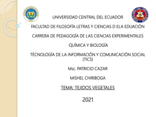 UNIVERSIDAD CENTRAL DEL ECUADOR
FACULTAD DE FILOSOFÍA LETRAS Y CIENCIAS D ELA EDUACIÓN
CARRERA DE PEDAGOGÍA DE LAS CIENCIAS EXPERIMENTALES
QUÍMICA Y BIOLOGÍA
TÉCNOLOGÍA DE LA INFORMACIÓN Y COMUNICACIÓN SOCIAL
(TICS)
Msc. PATRICIO CAZAR
MISHEL CHIRIBOGA
TEMA: TEJIDOS VEGETALES
2021
 