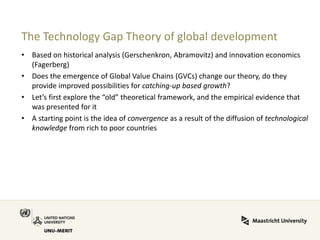 The Technology Gap Theory of global development 
•Based on historical analysis (Gerschenkron, Abramovitz) and innovation economics (Fagerberg) 
•Does the emergence of Global Value Chains (GVCs) change our theory, do they provide improved possibilities for catching-up based growth? 
•Let’s first explore the “old” theoretical framework, and the empirical evidence that was presented for it 
•A starting point is the idea of convergence as a result of the diffusion of technological knowledge from rich to poor countries  