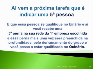 E que essa pessoa se qualifique no binário e ai
você recebe uma
5ª perna na sua rede da 1º empresa escolhida
e essa perna mais uma vez será preenchida na
profundidade, pelo derramamento do grupo e
você passa a estar qualificado no Quinário.
02/08/2014PAULA CRISTINA 13
 