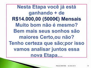 02/08/2014PAULA CRISTINA 14
Nesta Etapa você já está
ganhando + de
R$14.000,00 (5000€) Mensais
Muito bom não é mesmo?
Bem mais seus sonhos são
maiores Certo,ou não?
Tenho certeza que são;por isso
vamos analisar juntos essa
nova Etapa…
 