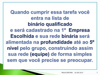 02/08/2014PAULA CRISTINA 7
Quando cumprir essa tarefa você
entra na lista de
binário qualificado
e será cadastrado na 1º Empresa
Escolhida e sua rede binária será
alimentada na profundidade até ao 5º
nível pelo grupo, construindo assim
sua rede (equipe) de forma simples
sem que você precise se preocupar.
 