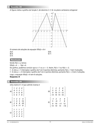 A figura indica o gráfico da função f, de domínio [–7, 5], no plano cartesiano ortogonal.
O número de soluções da equação f(f(x)) = 6 é
A)2. D)6.
B) 4. E) 7.
C) 5.
Sendo f(x) = a, temos:
f(f(x)) = 6 ∴ f(a) = 6
Do gráfico, podemos concluir que a = 1 ou a = –2. Assim, f(x) = 1 ou f(x) = –2.
• A reta y = 1 intercepta o gráfico de f em 4 pontos distintos; portanto f(x) = 1 tem 4 soluções.
• A reta y = –2 intercepta o gráfico de f em 2 pontos distintos; portanto f(x) = –2 tem 2 soluções.
Logo, a equação f(f(x)) = 6 tem 6 soluções.
Resposta: D
Uma matriz 4 × 4 que admite inversa é
A) D)
B) E)
C)
1 1 1 1
2 2 2 2
3 3 3 3
4 4 4 4
⎡
⎣
⎢
⎢
⎢
⎢
⎤
⎦
⎥
⎥
⎥
⎥
–
–
–
–
1 2 3 4
5 6 7 8
9 10 11 12
13 14 15 16
⎡
⎣
⎢
⎢
⎢
⎢
⎢
⎤
⎦
⎥
⎥
⎥
⎥
⎥
1 2 3 4
1 4 5 16
2 6 8 20
5 6 11 8
⎡
⎣
⎢
⎢
⎢
⎢
⎤
⎦
⎥
⎥
⎥
⎥
1 2 3 4
5 6 7 8
9 10 11 12
13 14 15 16
⎡
⎣
⎢
⎢
⎢
⎢
⎤
⎦
⎥
⎥
⎥
⎥
1 2 3 4
4 3 2 1
2 4 6 8
5 6 7 8
⎡
⎣
⎢
⎢
⎢
⎢
⎤
⎦
⎥
⎥
⎥
⎥
Questão 29
▼
Resolução
6
5
4
3
2
1
x
–1
–2
–3
–4
–5
–6
–7 –6 –5 –4 –3 –2 –1
y
1 2 3 4 5
Questão 28
▼
19GV – ECONOMIA/2010 ANGLO VESTIBULARES
 