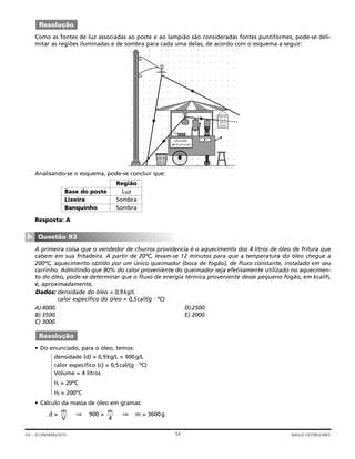 Como as fontes de luz associadas ao poste e ao lampião são consideradas fontes puntiformes, pode-se deli-
mitar as regiões iluminadas e de sombra para cada uma delas, de acordo com o esquema a seguir:
Analisando-se o esquema, pode-se concluir que:
Resposta: A
A primeira coisa que o vendedor de churros providencia é o aquecimento dos 4 litros de óleo de fritura que
cabem em sua fritadeira. A partir de 20ºC, levam-se 12 minutos para que a temperatura do óleo chegue a
200ºC, aquecimento obtido por um único queimador (boca de fogão), de fluxo constante, instalado em seu
carrinho. Admitindo que 80% do calor proveniente do queimador seja efetivamente utilizado no aquecimen-
to do óleo, pode-se determinar que o fluxo de energia térmica proveniente desse pequeno fogão, em kcal/h,
é, aproximadamente,
Dados: densidade do óleo = 0,9kg/L
calor específico do óleo = 0,5cal/(g ⋅ ºC)
A)4000. D)2500.
B) 3500. E) 2000.
C) 3000.
• Do enunciado, para o óleo, temos:
• Cálculo da massa de óleo em gramas:
d = ⇒ 900 = ⇒ m = 3600g
m
4
m
V
densidade (d) = 0,9kg/L = 900g/L
calor específico (c) = 0,5cal/(g ⋅ ºC)
Volume = 4 litros
θi = 20ºC
θf = 200ºC
144424443
Resolução
Questão 93
▼
churrão
de-li-ci-o-so
PREÇOS
Resolução
54GV – ECONOMIA/2010 ANGLO VESTIBULARES
Região
Base do poste Luz
Lixeira Sombra
Banquinho Sombra
 