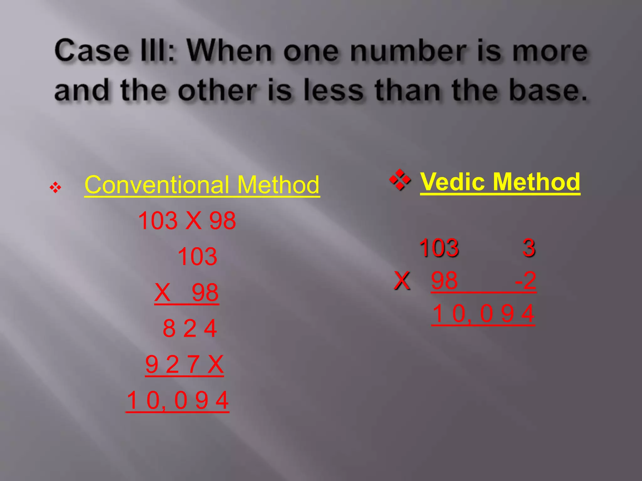 Conventional Method
103 X 98
103
X 98
8 2 4
9 2 7 X
1 0, 0 9 4
 Vedic Method
103 3
X 98 -2
1 0, 0 9 4
 