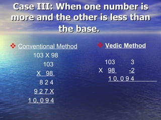Case III: When one number is more and the other is less than the base.   Conventional Method 103 X 98 103 X  98  8 2 4 9 2 7 X   1 0, 0 9 4 Vedic Method   103  3 X  98  -2   1 0, 0 9 4  