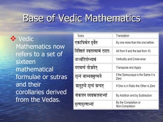 Base of Vedic Mathematics Vedic Mathematics now refers to a set of sixteen mathematical formulae or sutras and their corollaries derived from the Vedas.   