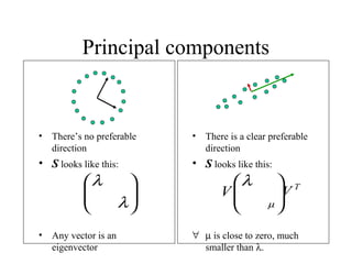 Principal components
• There’s no preferable
direction
• S looks like this:
• Any vector is an
eigenvector






λ
λ
• There is a clear preferable
direction
• S looks like this:
∀ µ is close to zero, much
smaller than λ.
T
VV 





µ
λ
 